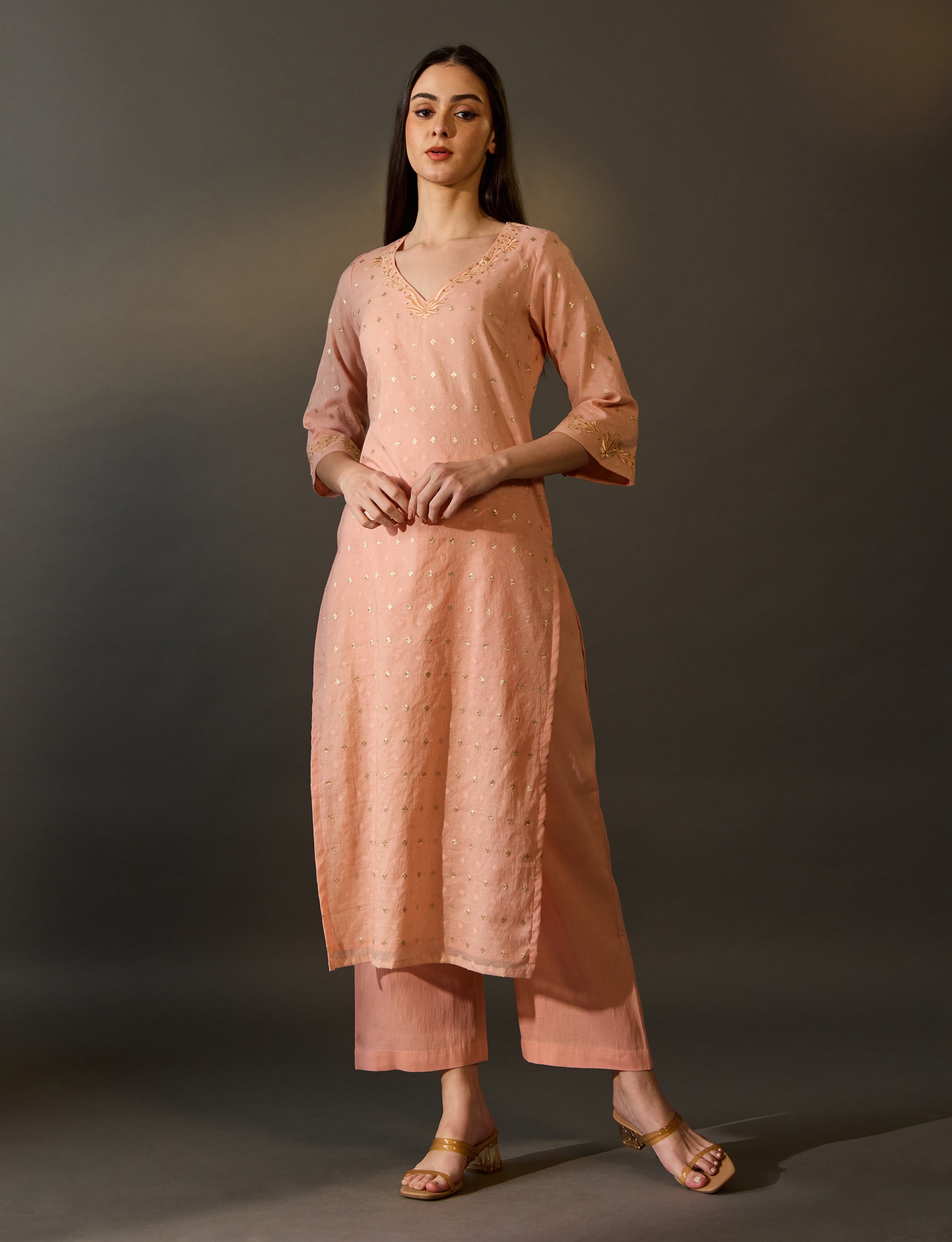 Peach Embroidered Butta Kurta